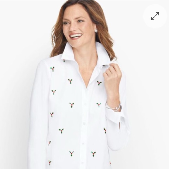 Talbots women’s holiday embellished button front shirt, 100% cotton, size large - Picture 1 of 12